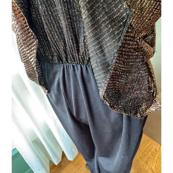 Vintage 1980s jumpsuit, gold metallic overlay top, oversized shoulder pads - Picture 2 of 10